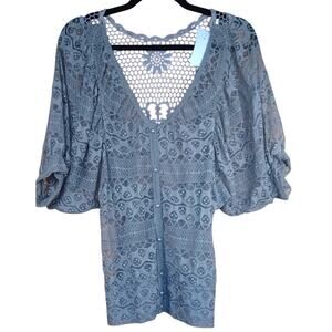 Ms. Bella D XL Romantic Boho Lace Kimono Cover Up Tan Crochet Sheer Festival Top